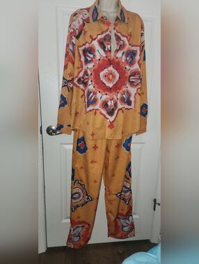 Women's Mustard Floral Medallion Pajama Set with Blue Accents